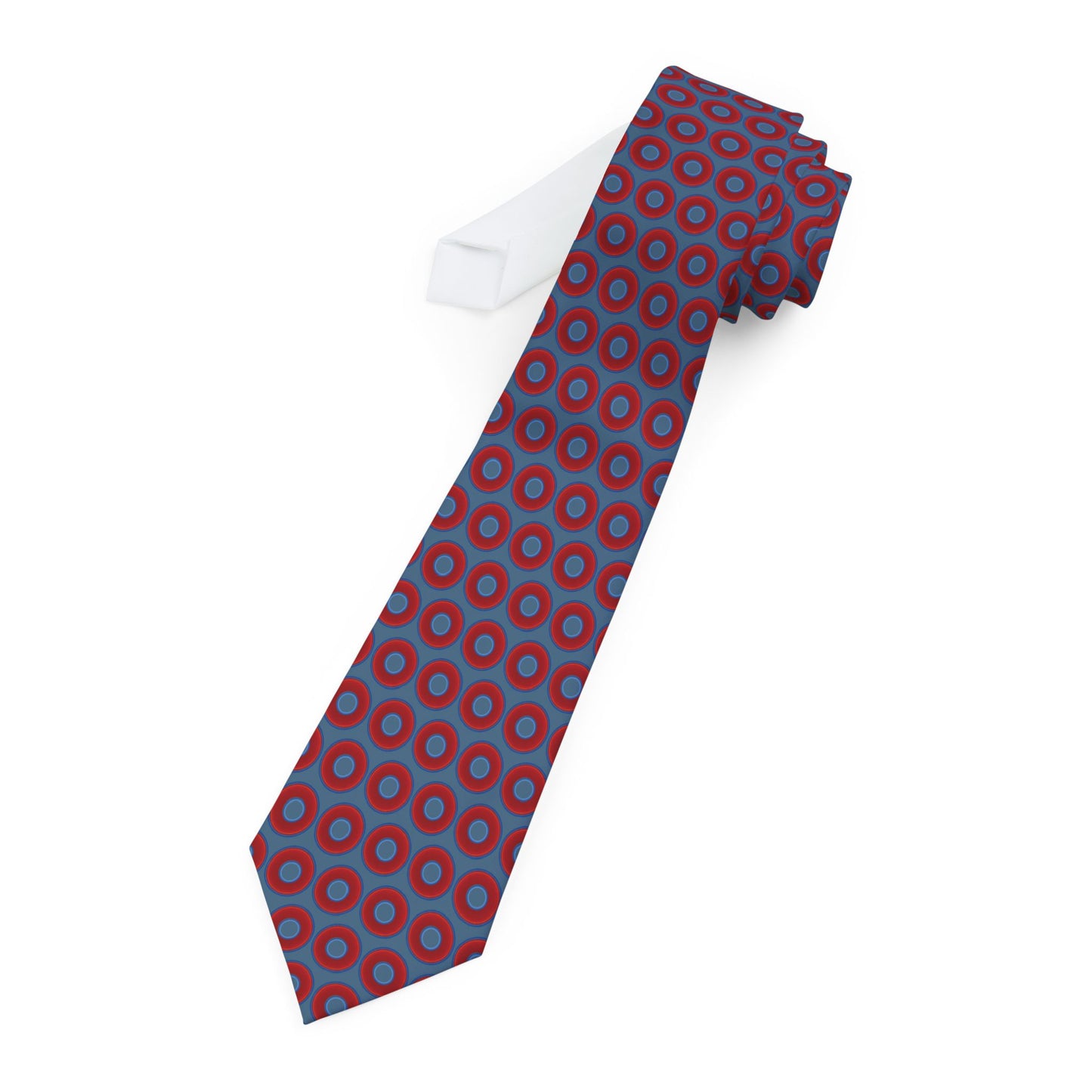 The Lumpy Necktie - vivid red donut print w/steel blue background