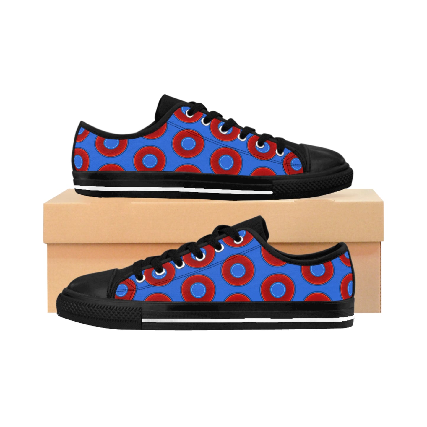 Women's Cushiony Convectors - Low Top - large red vivid donut print w/medium royal blue background