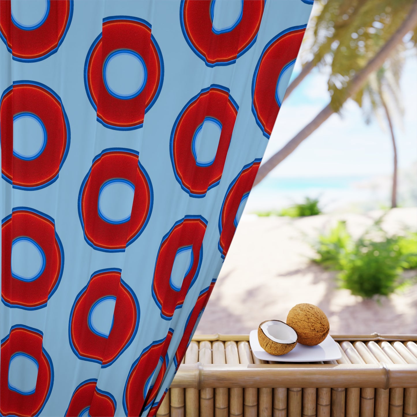 Lump's Heady Curtain w/Donuts - vivid red donut print - w/sky blue - [*1 Piece / 50" x 84"]