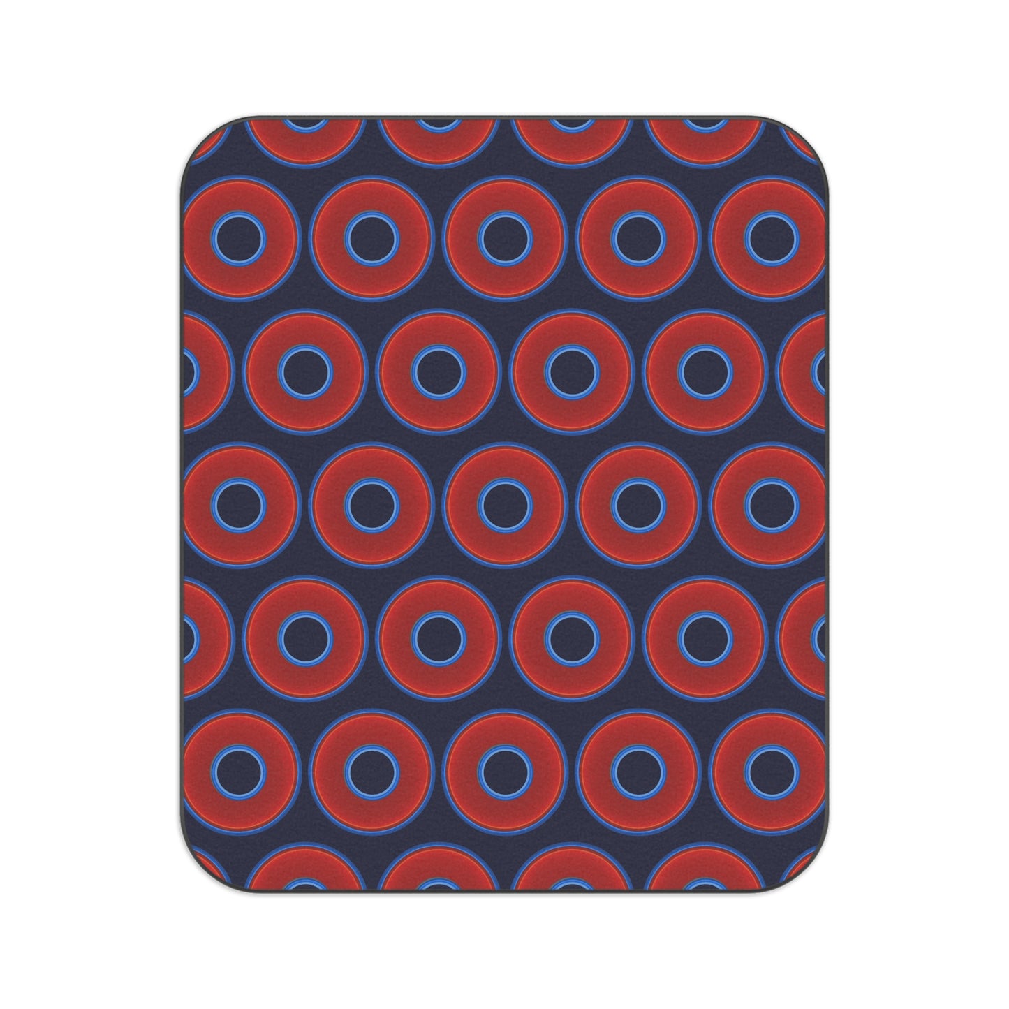 The Lumpy Party Blanket - giant water-resistant outdoor blanket [61" x 51"] - vivid red donuts w/dark navy blue background