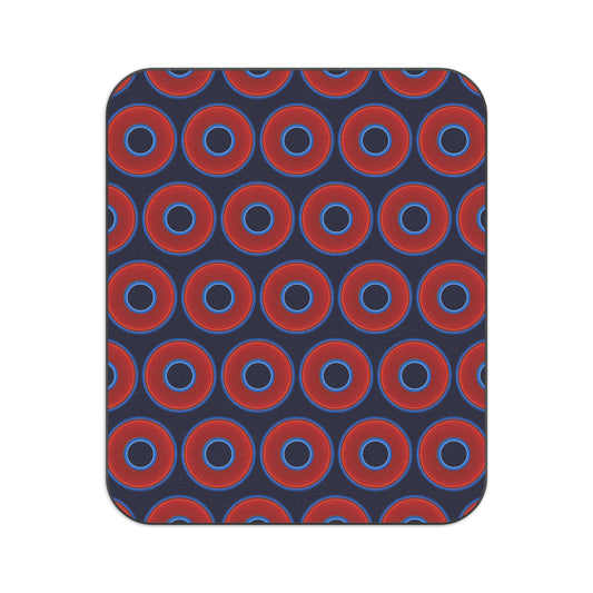 The Lumpy Party Blanket - giant water-resistant outdoor blanket [61" x 51"] - vivid red donuts w/dark navy blue background