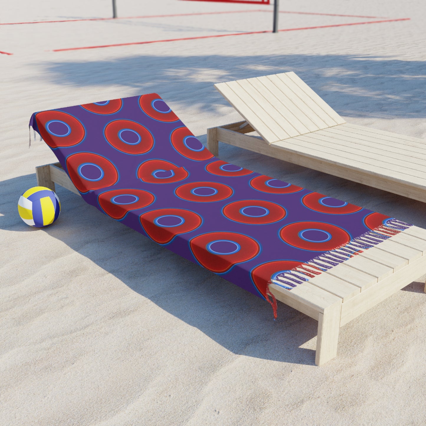 Oversized Lumpy Beach Towel - vivid red donuts w/purple background