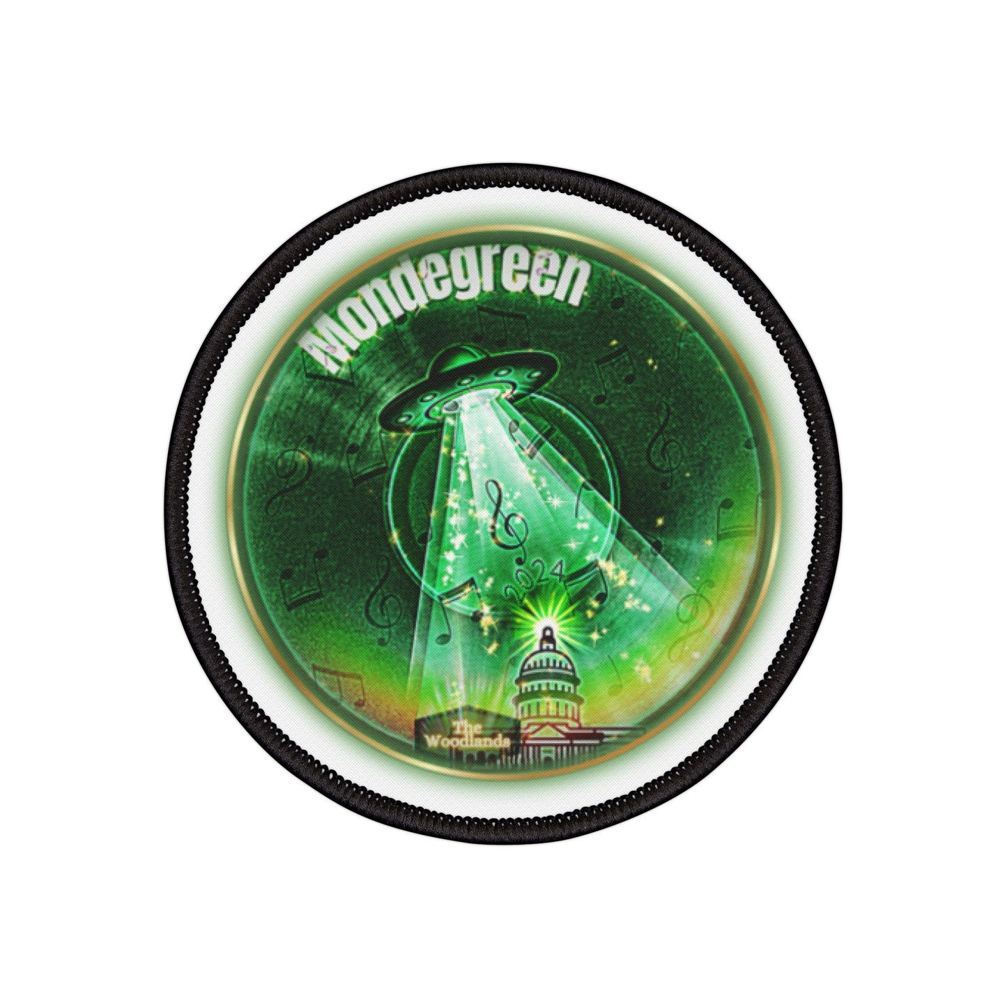 Iron-On Donut Patch - "Donut Patch for Close Encounters of the Delaware Kind" - vivid green record donut - variant 2