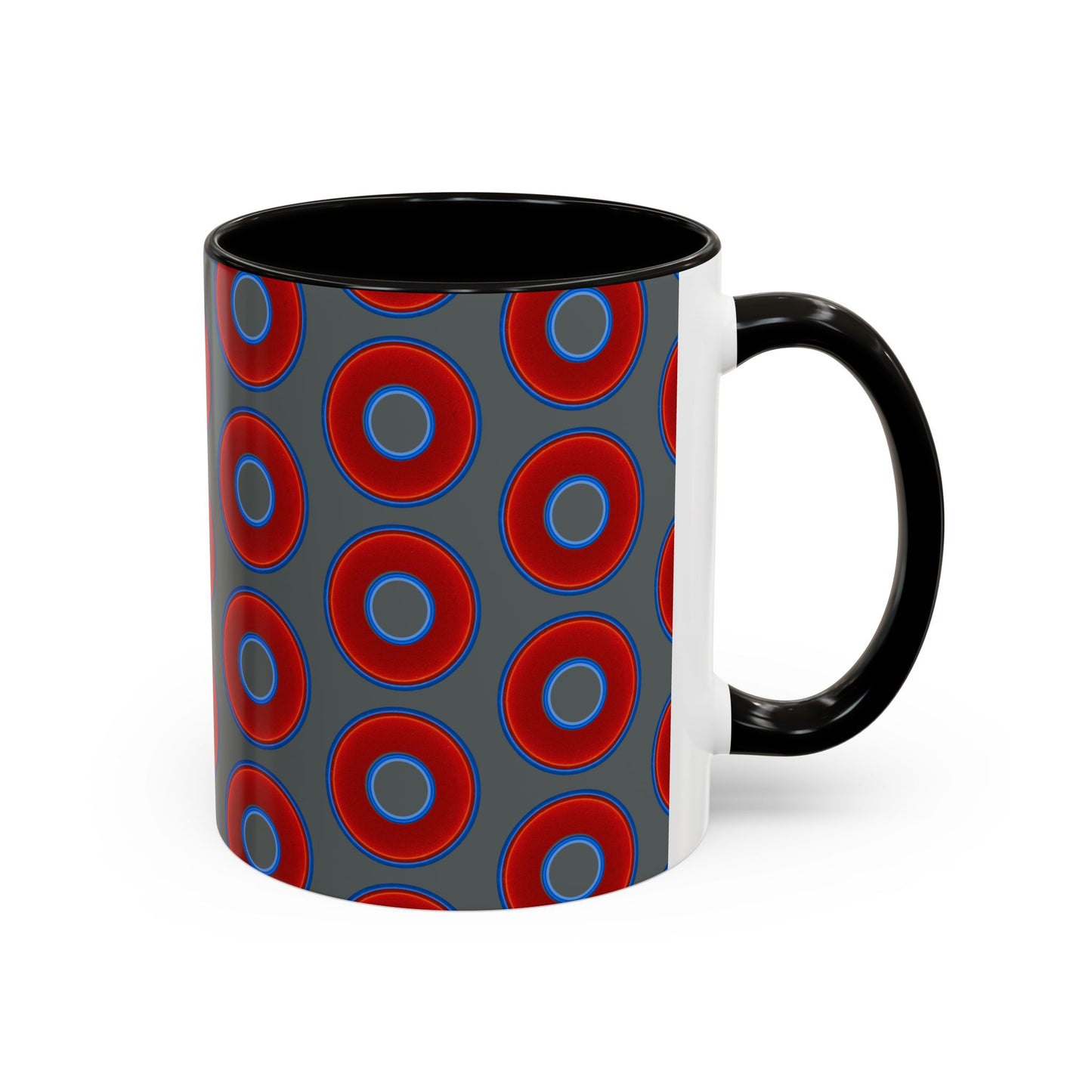 Lump's Grumpy Coffee Mug - vivid red donuts w/dark gray background