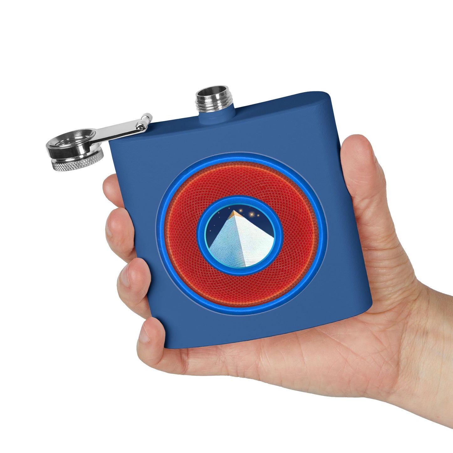 Lump's Donut Flask 6 oz -  "Limestone Flask" - red/light blue rustic donut - [*w/your choice of 6 backgrounds]