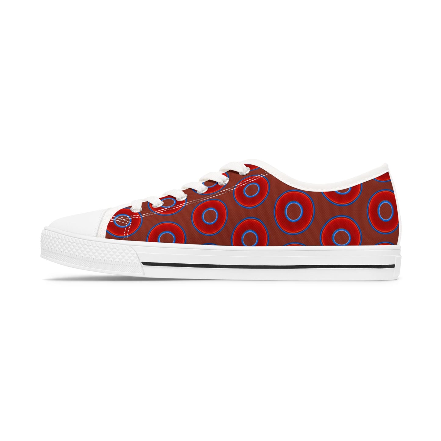 Women's - Low Top Chuck Taylors - large vivid red donut print w/burnt umber background