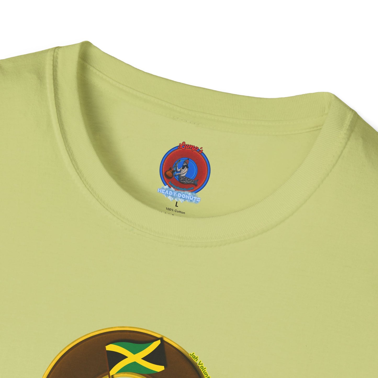 Classic Donut Tee - Unisex Soft-Style - "Jah Volunteers Protect Jah Love... and donuts!" - vivid brown/gold donut