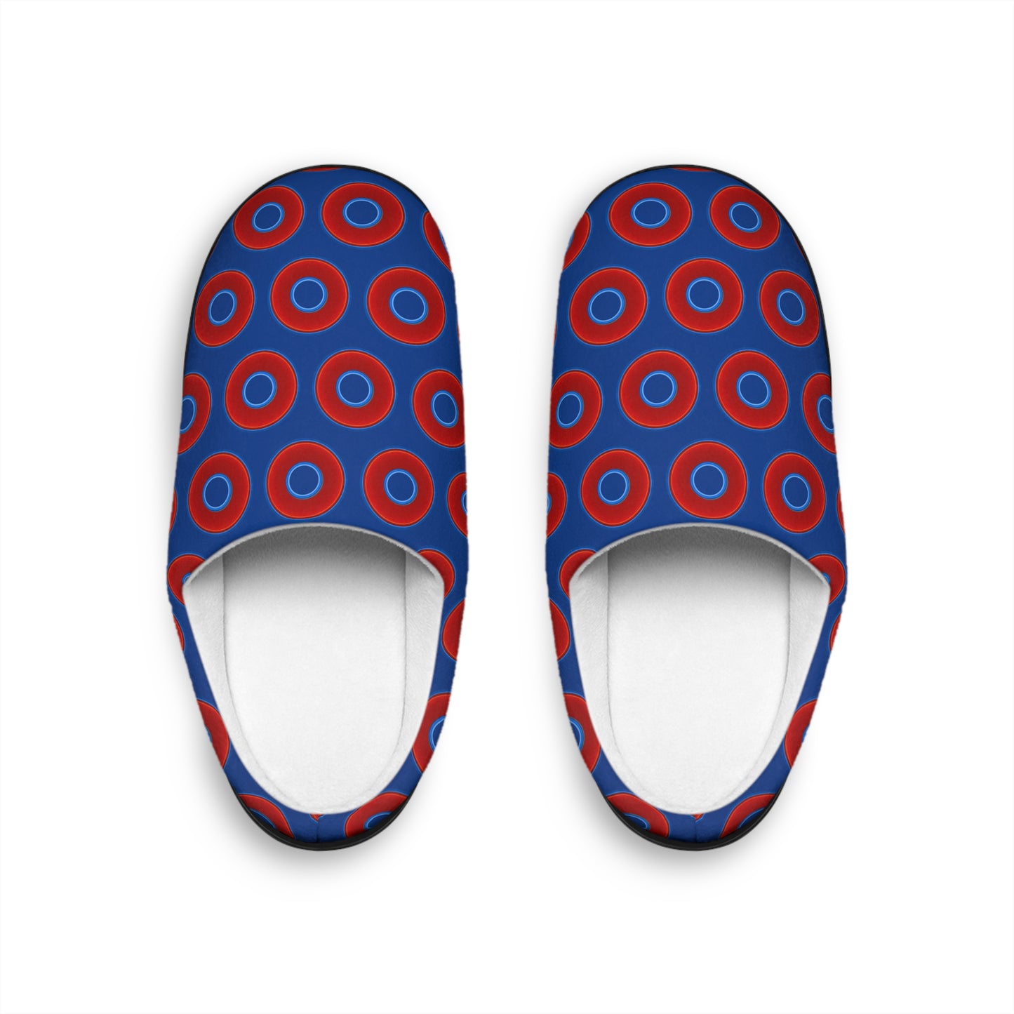 Women's Lumpy Slippers - red vivid donut print w/dark blue background