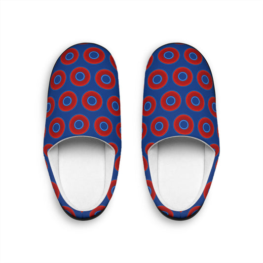 Women's Lumpy Slippers - red vivid donut print w/dark blue background