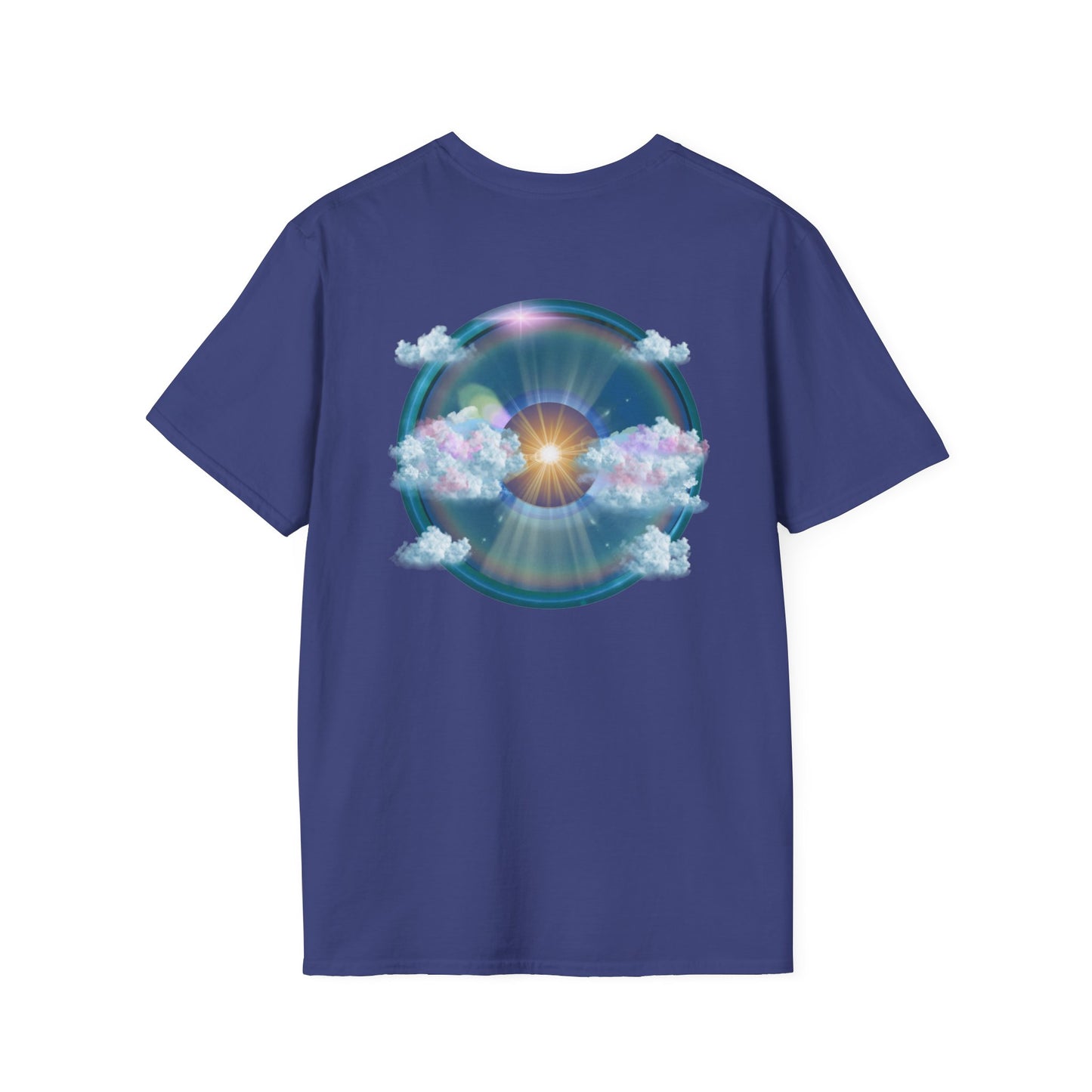 Classic Donut Tee - Unisex Soft-Style - "The Divided Donut" - variant 2 - blue donut  w/hole & sun [*50% to The Divided Sky Foundation]