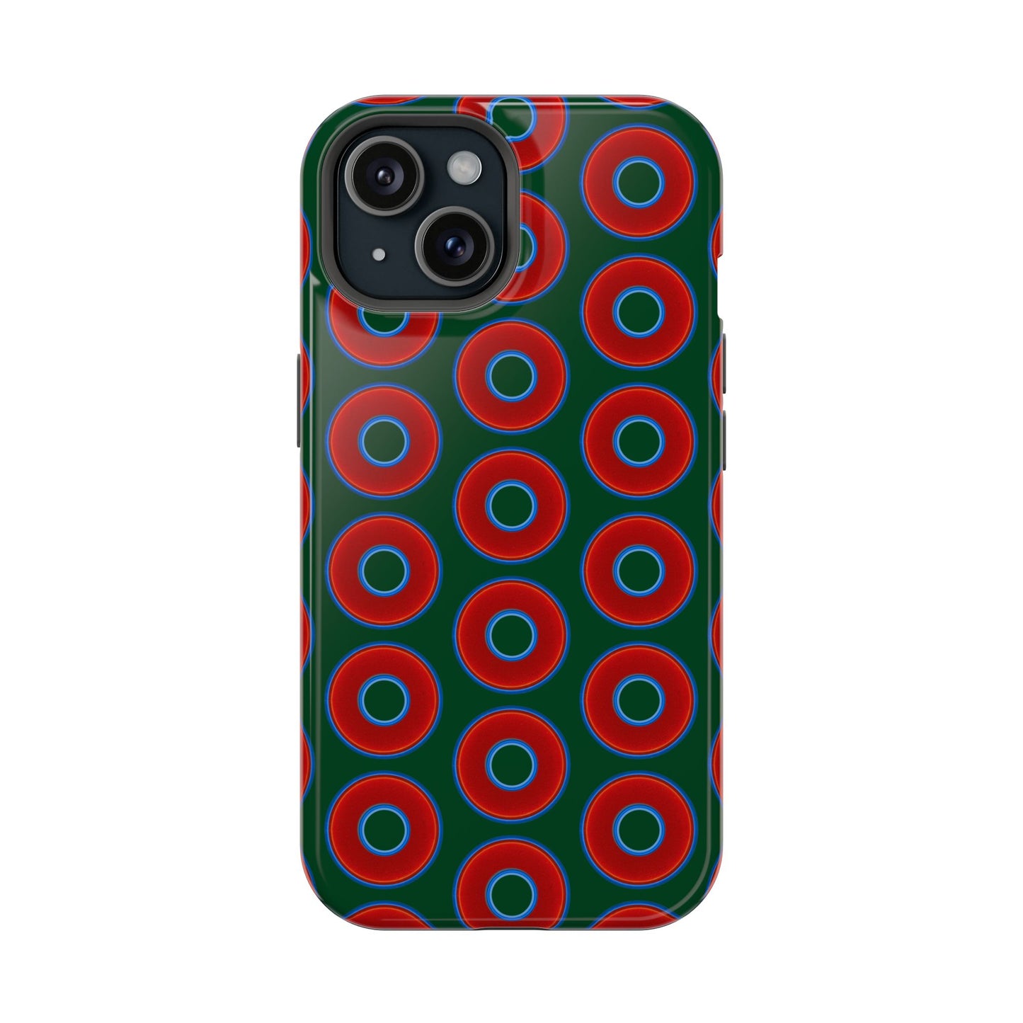 Impact-Resistant Lumpy Donut Case - red vivid donut print w/dark pond green background
