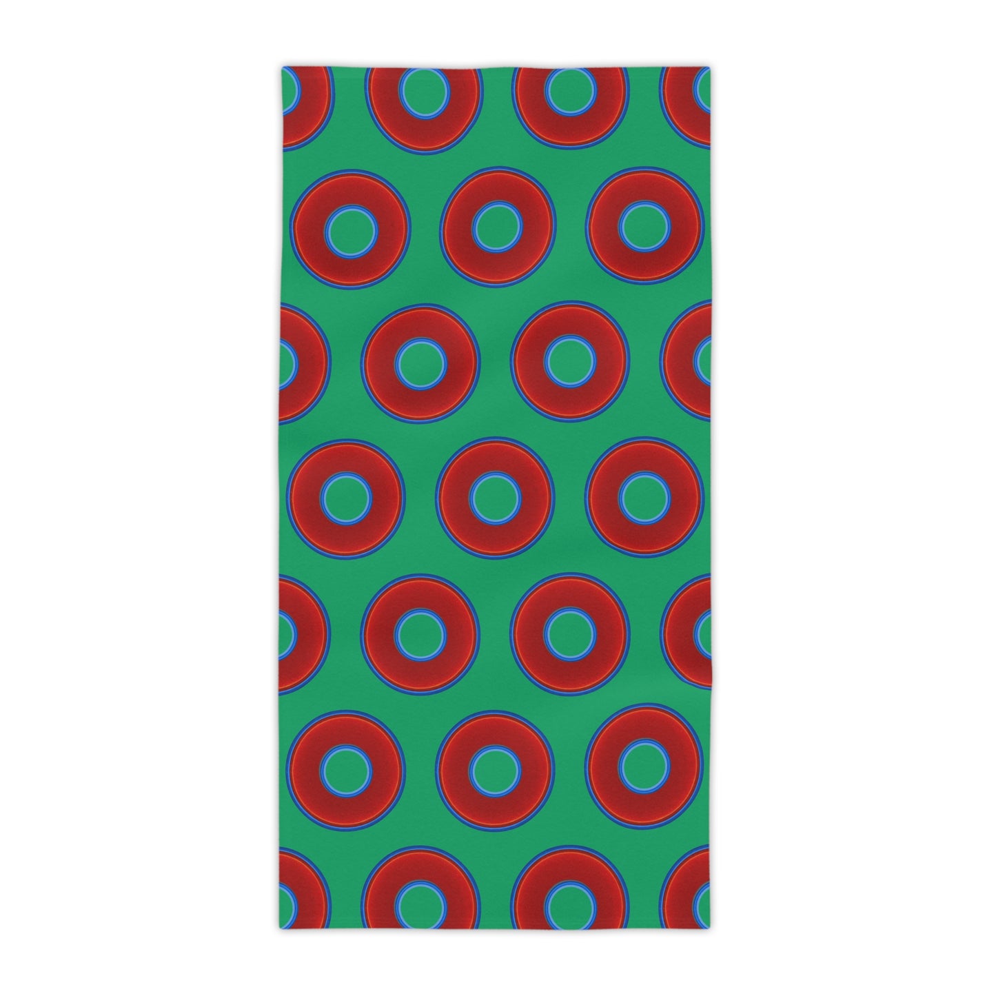 Lumpy Donut Towels - vivid red donuts w/jade green background