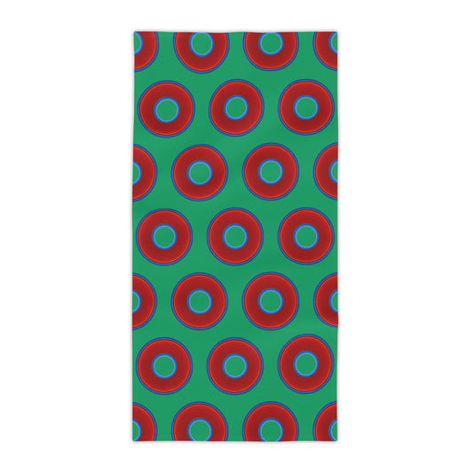 Lumpy Donut Towels - vivid red donuts w/jade green background