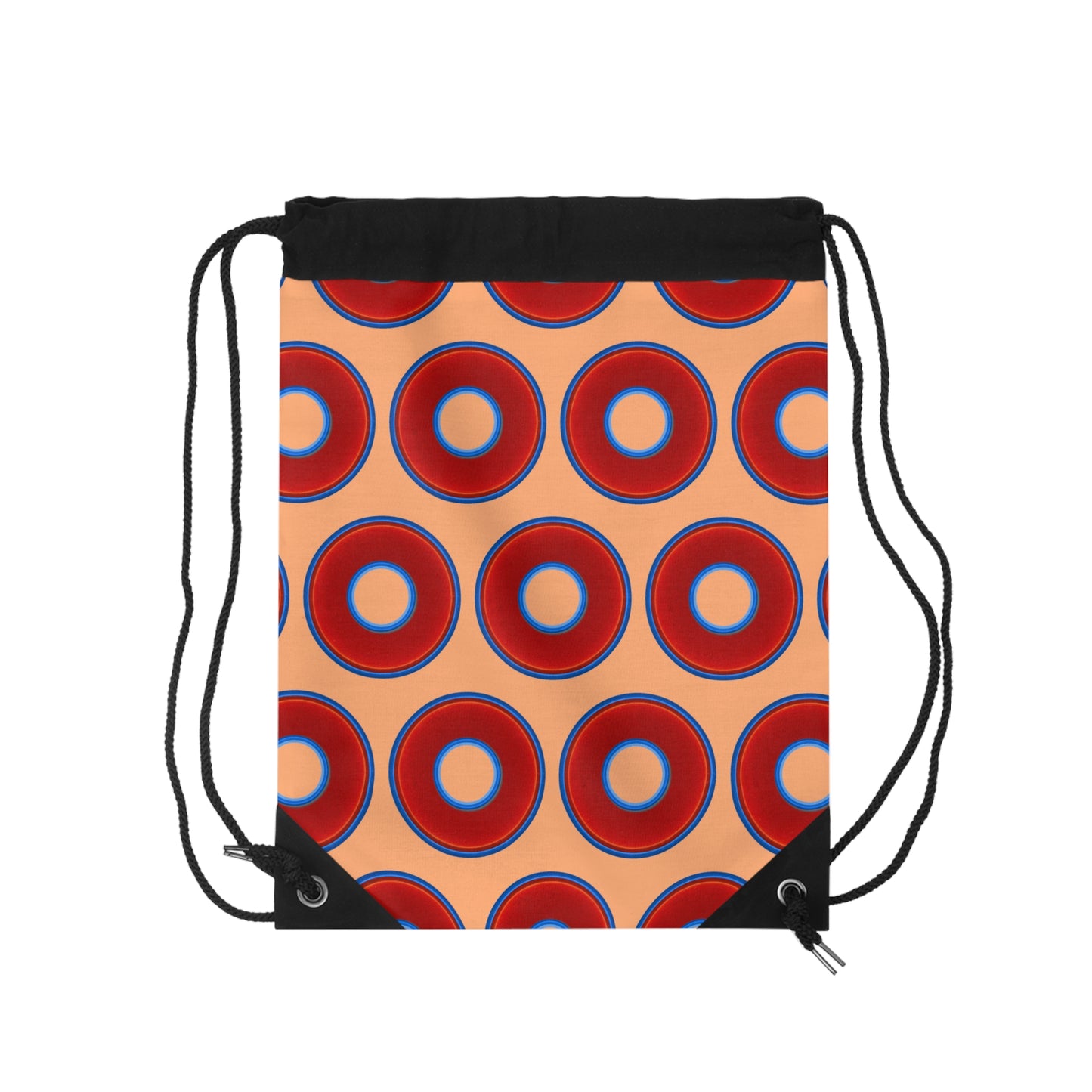 Lumpy Donut Drawstring Bag - red vivid donuts print w/peach background