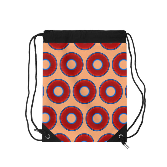 Lumpy Donut Drawstring Bag - red vivid donuts print w/peach background