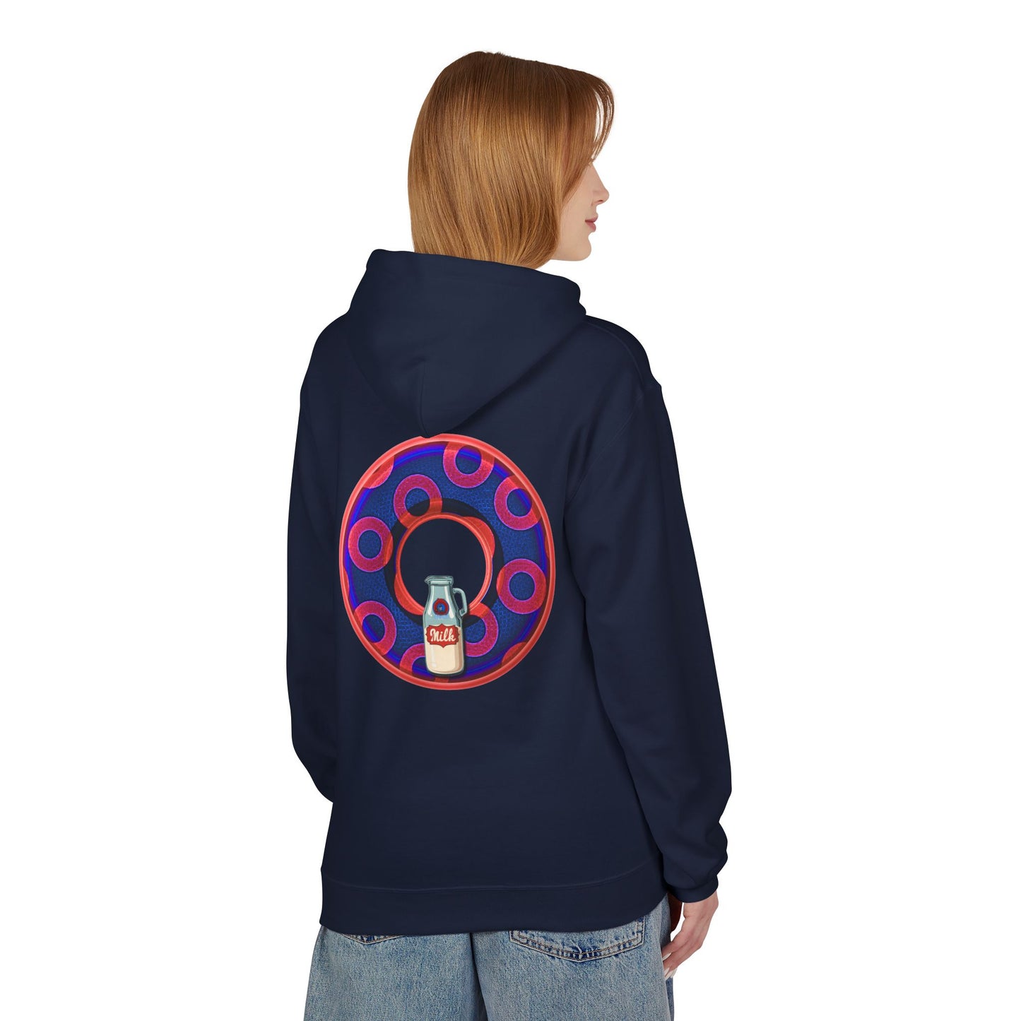 Fleece Harry Hoodies [Midweight Soft-style] - "Wooked Cream Dairy - YEMSG Donut" - electric blue/red rustic paradox donut - variant 2