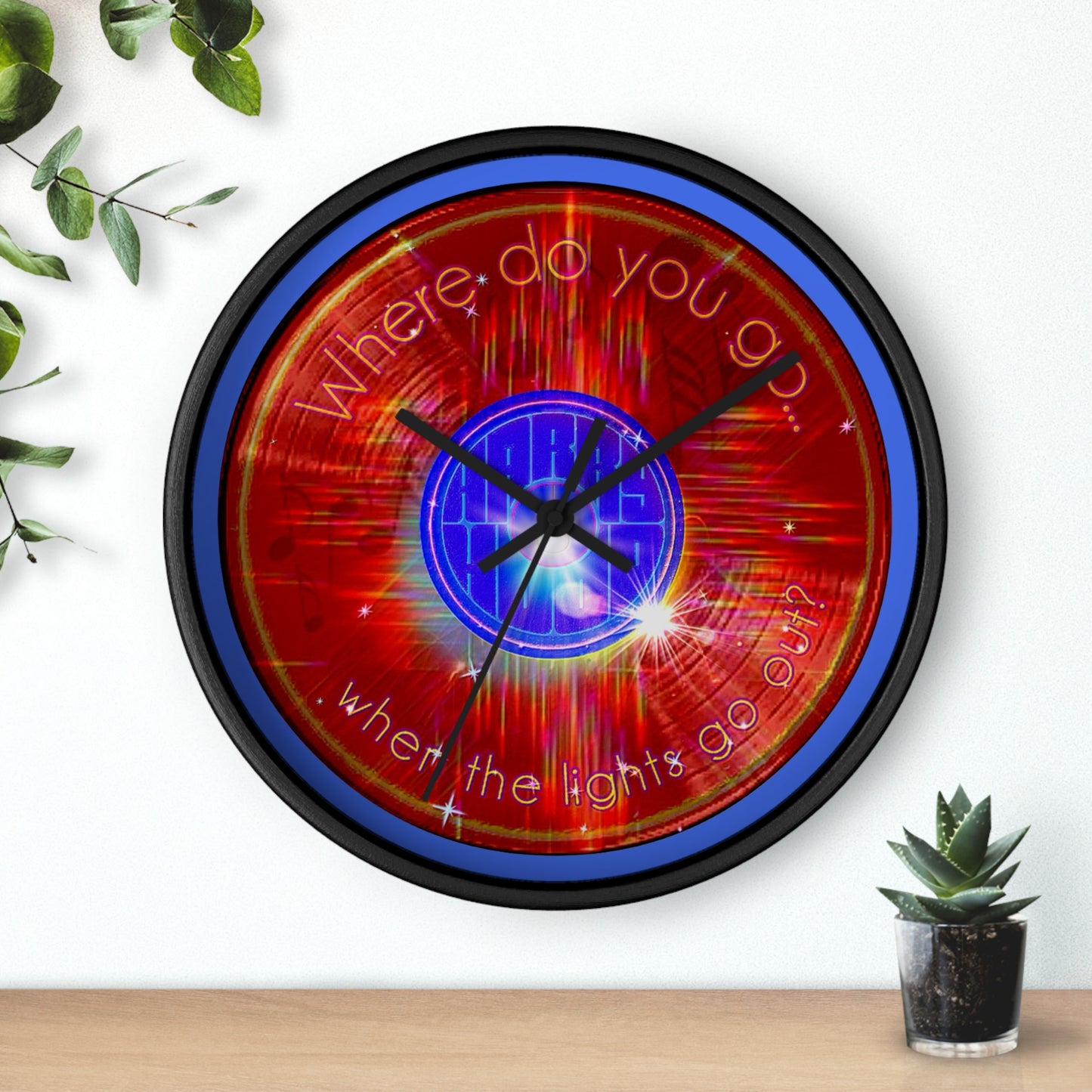 Lumpy Wall Clock - "Harry Hoodlum Donut Clock" - variant 1 - red vivid/word donut w/royal blue background