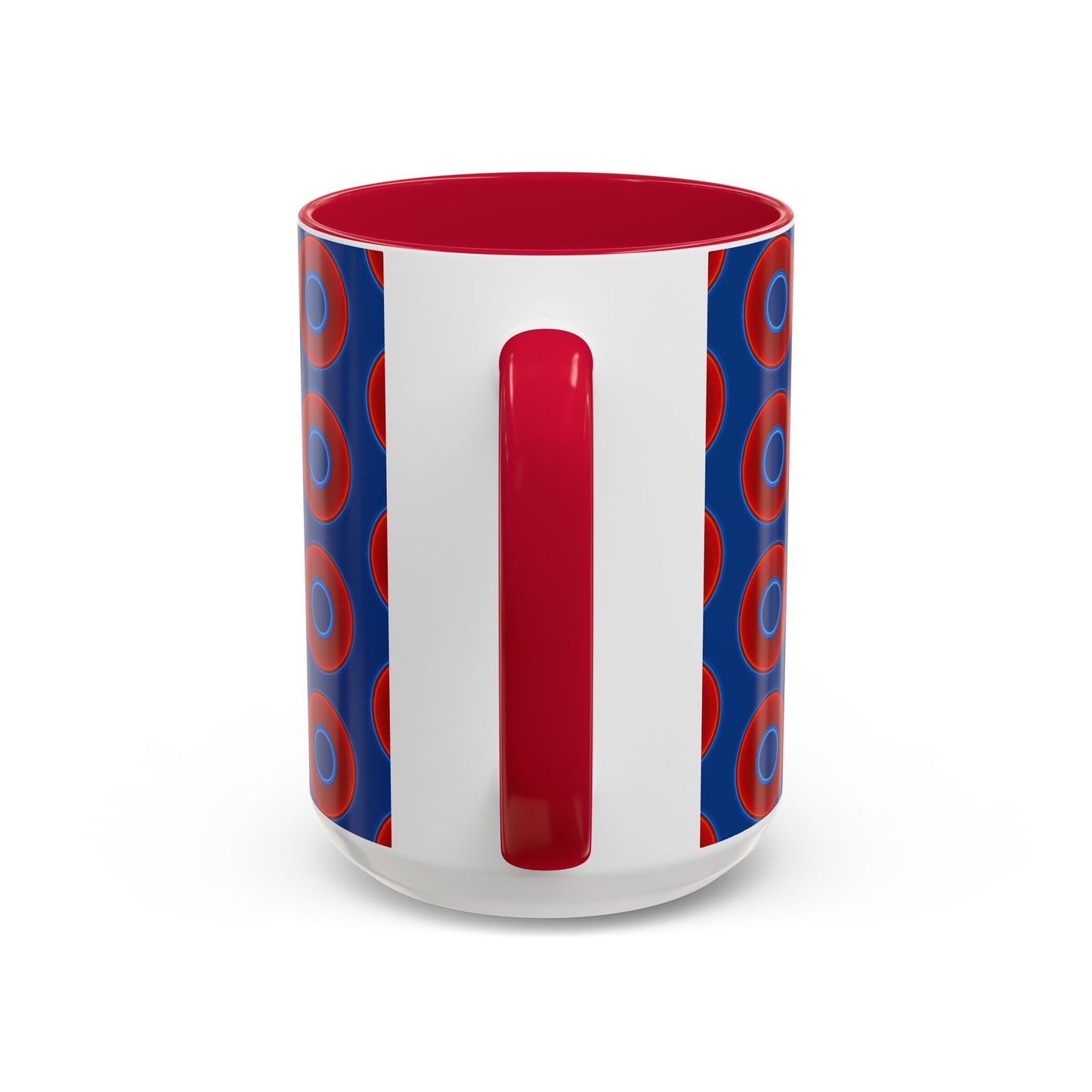 Lump's Grumpy Coffee Mug - vivid red donuts w/dark blue background