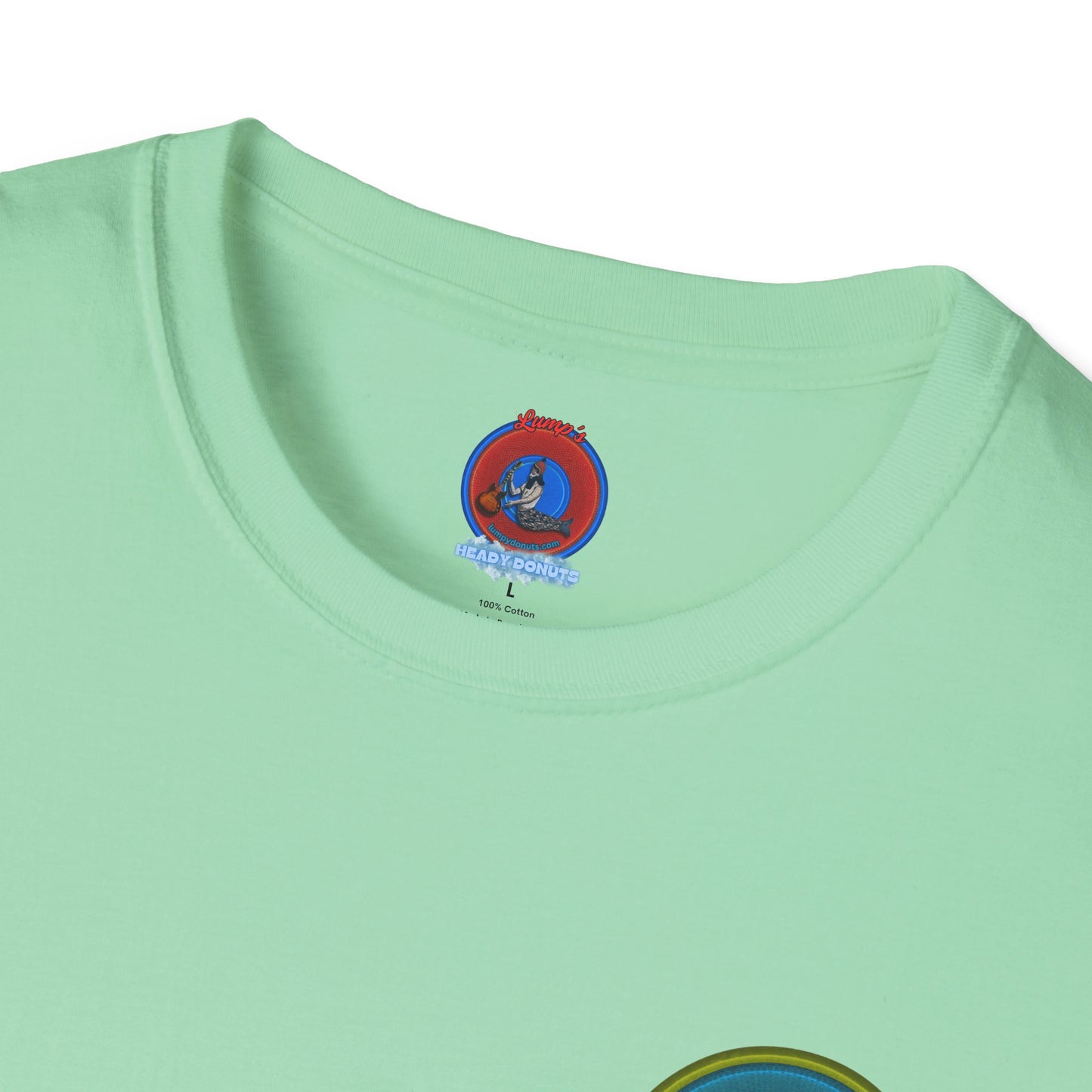 Classic Donut Tee - Unisex Soft-Style - "Cadillac Rainbow Spaghetti Incident" - series 1.0  - variant 1 - blue/green donut