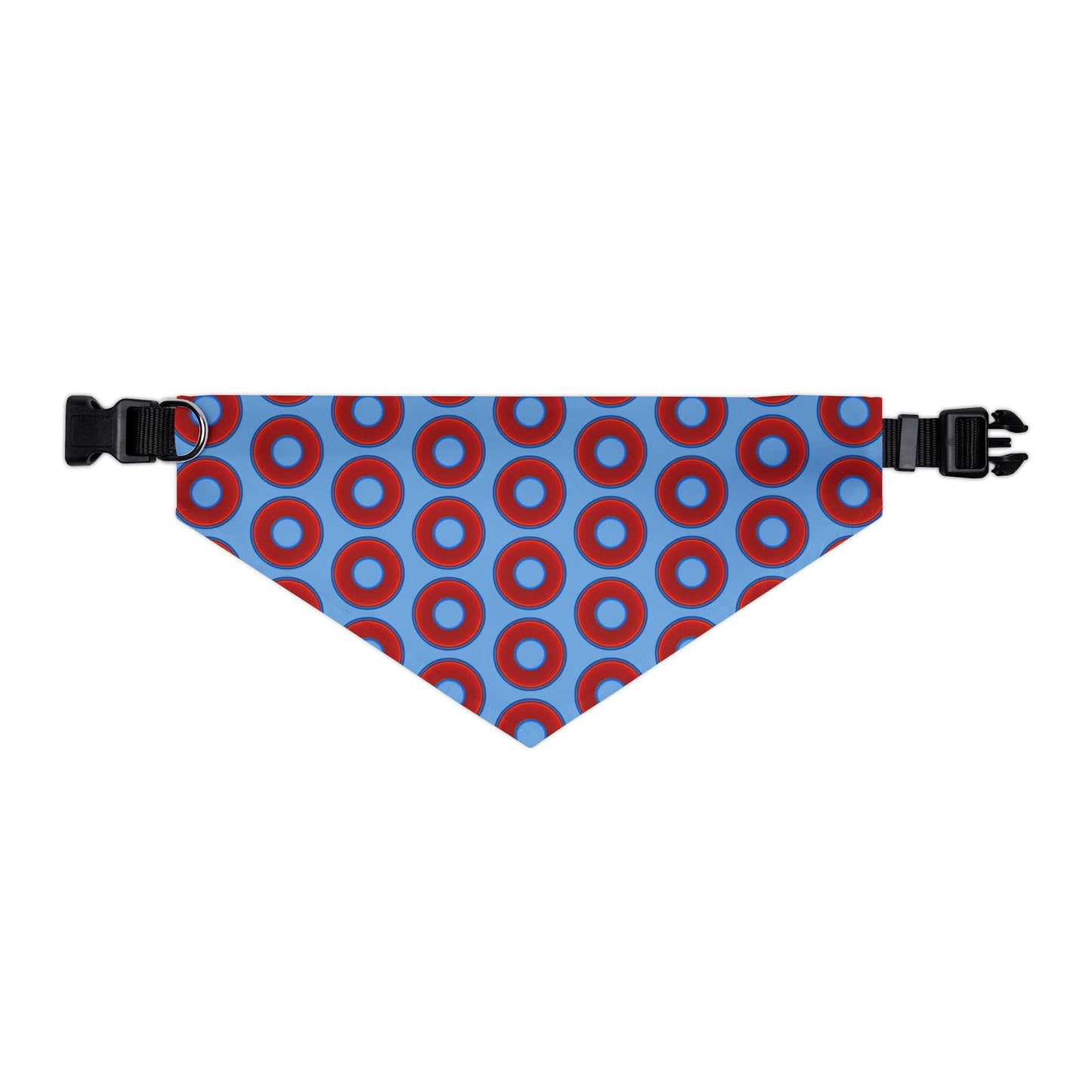 Jim's Lumpy Bandana Pet Collar - vivid red donuts w/light blue background