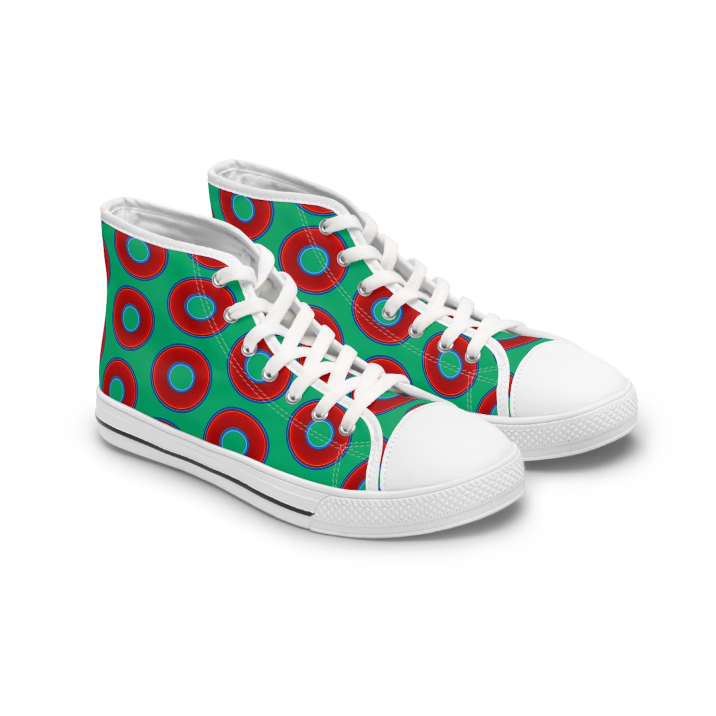 Women's High Top Chuck Taylors - large vivid red donut print w/jade green background