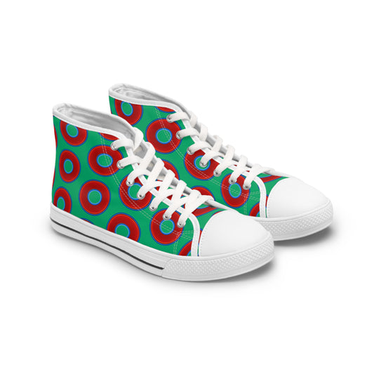 Women's High Top Chuck Taylors - large vivid red donut print w/jade green background