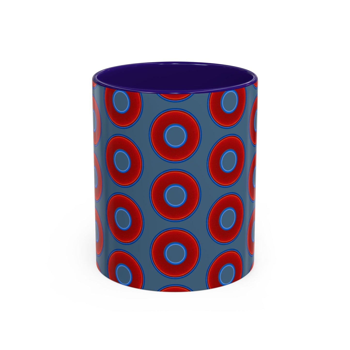 Lump's Grumpy Coffee Mug - vivid red donuts w/steel blue background