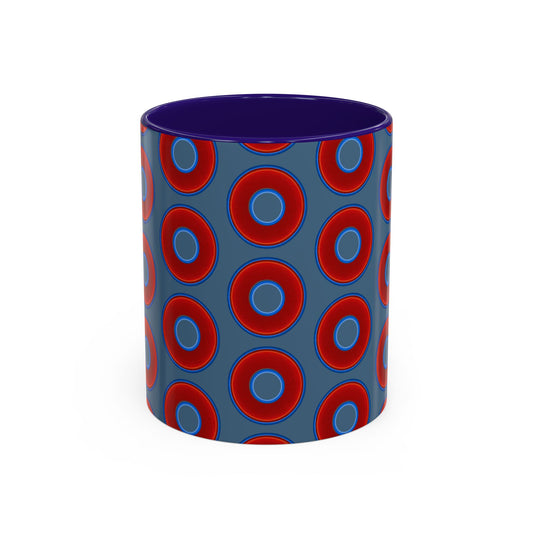 Lump's Grumpy Coffee Mug - vivid red donuts w/steel blue background