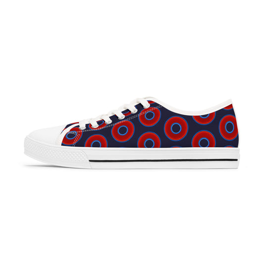 Women's - Low Top Chuck Taylors - large vivid red donut print w/midnight blue background