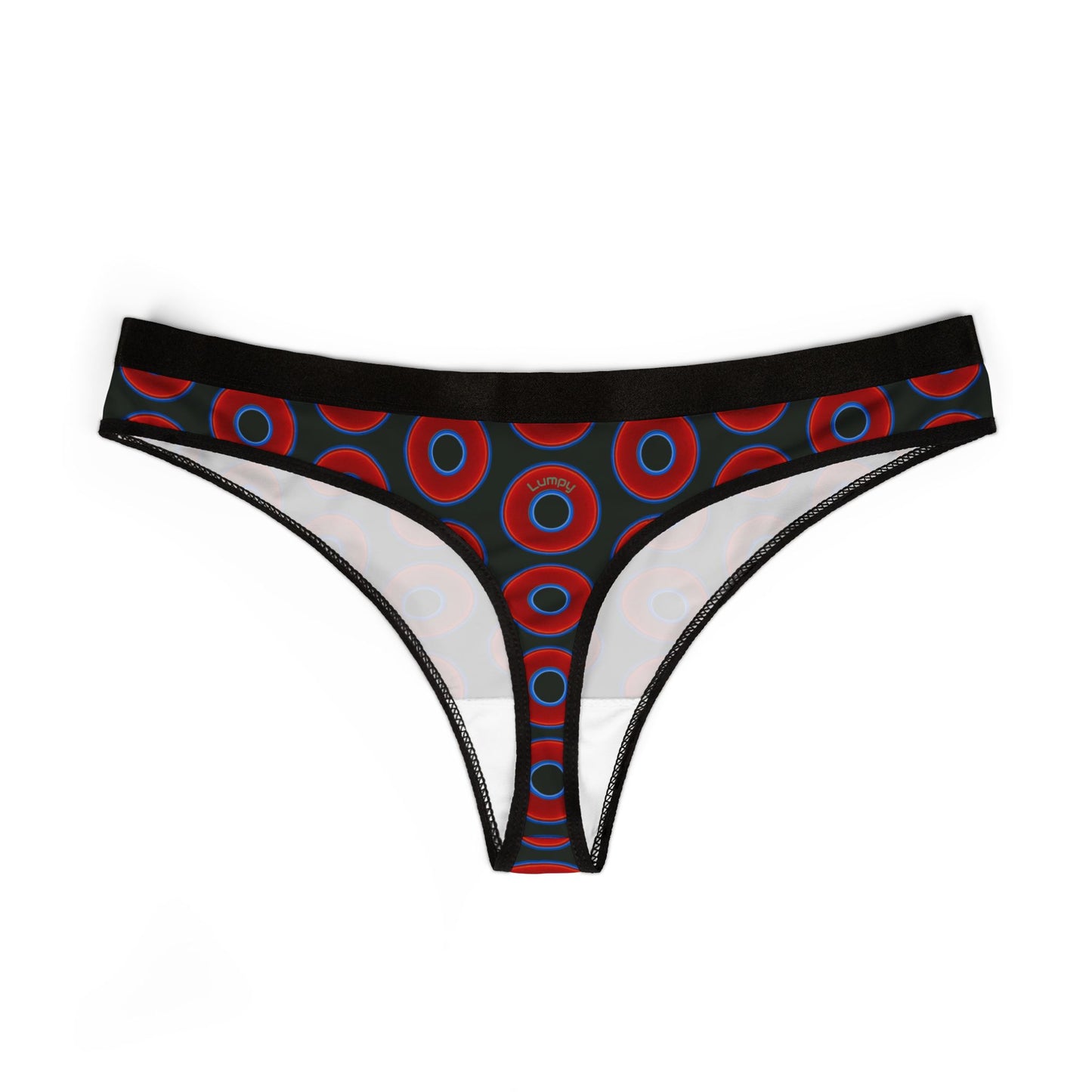 Lumpy Donut Thongs - red vivid donut print w/midnight moss green background