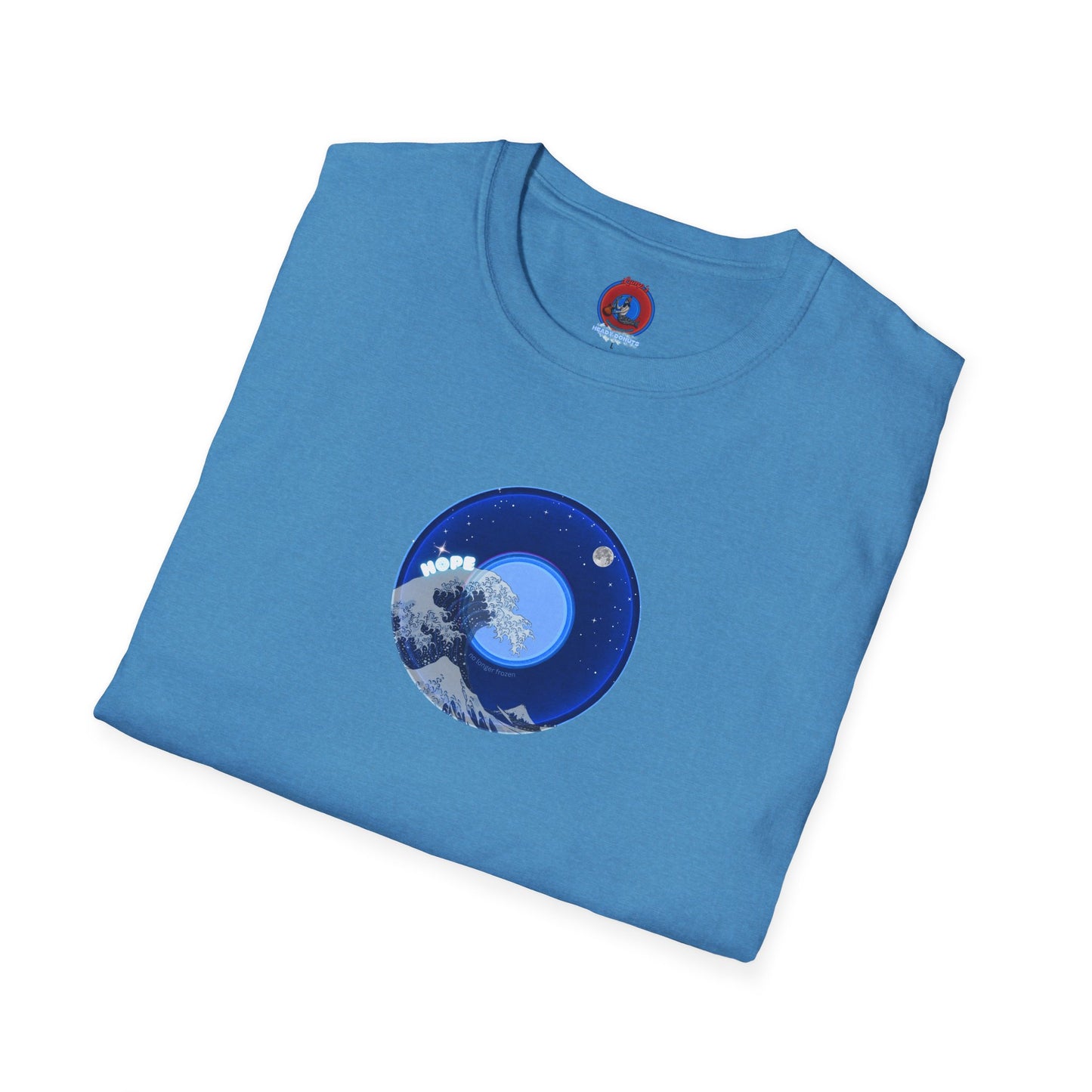 Classic Donut Tee - Unisex Soft-Style - "The Hopeful Waving Donut" - variant 2 - vivid blue donut