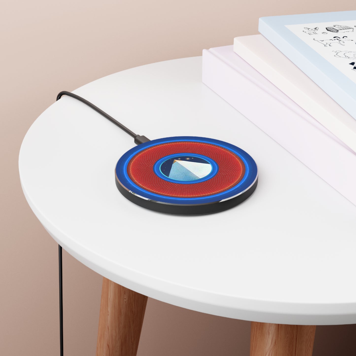 The Flow - Wireless Lumpy Donut Chargers - "Limestone Wireless Donut Chargers So Large " - rustic red/blue donut w/dark blue background - variant 1