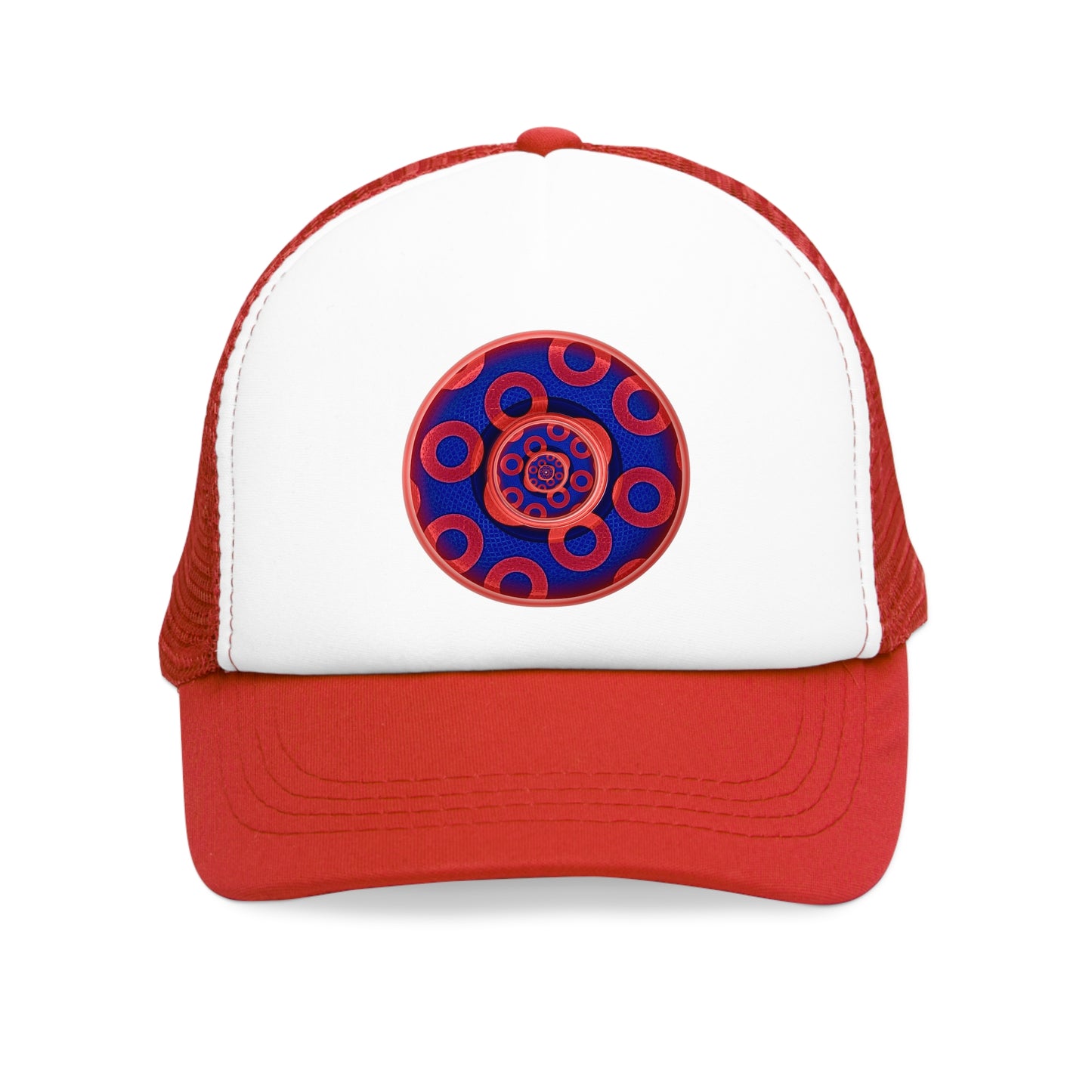Lumpy Trucker Hat - "Kaleidoscope Abyss of Donuts" - paradoxical print - variant 1 - donut vortex - red/blue