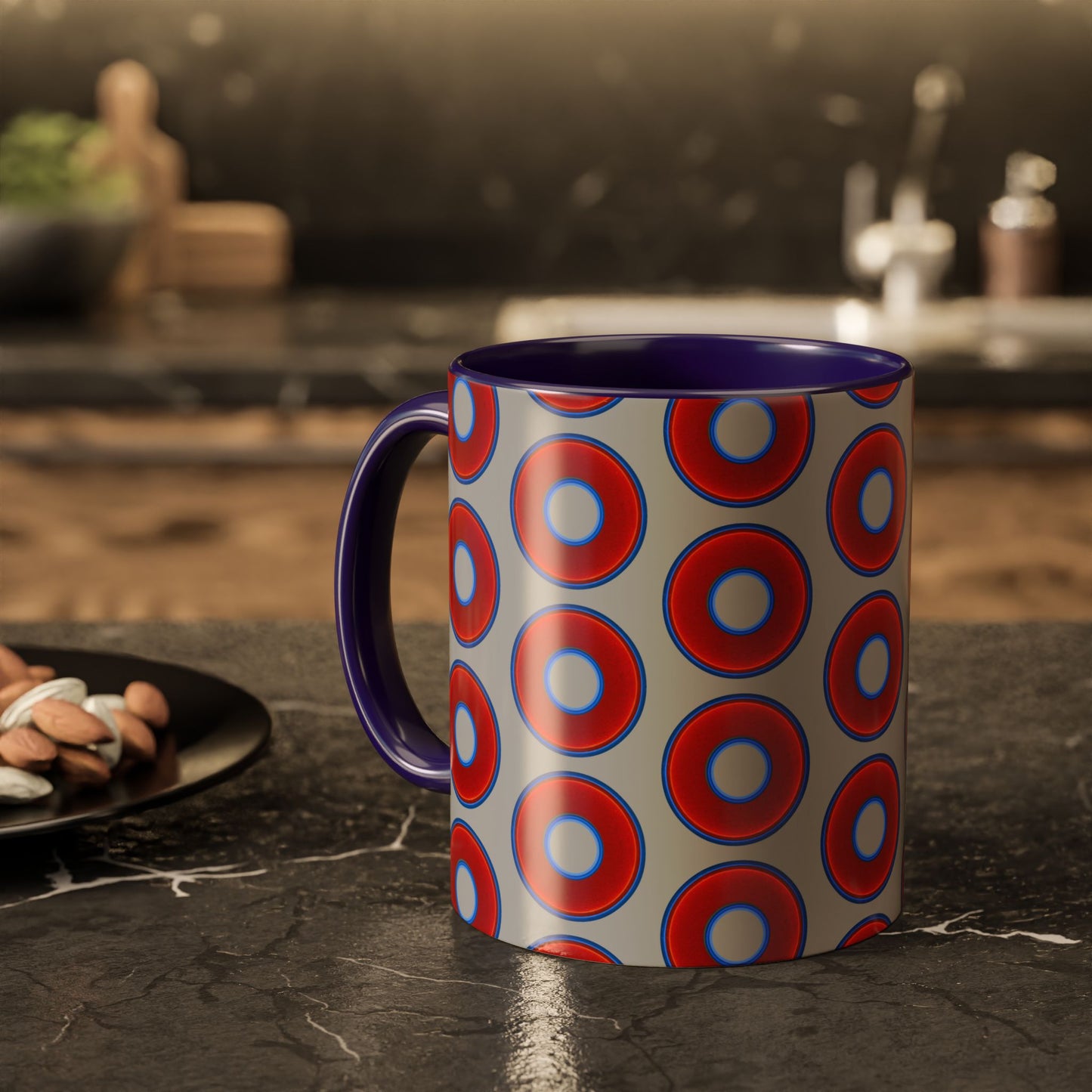 Lump's Grumpy Coffee Mug - vivid red donuts w/light gray background