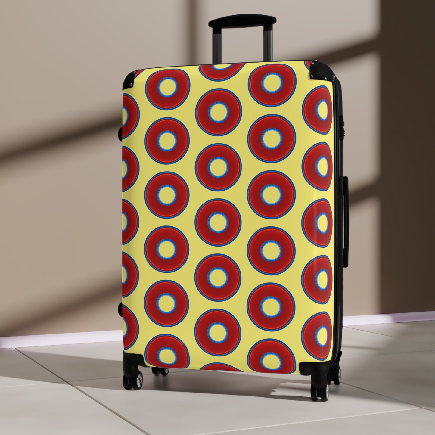 The Very Lumpy Donut Suitcase series - your choice of S, M or L - vivid red donut print w/yellow background