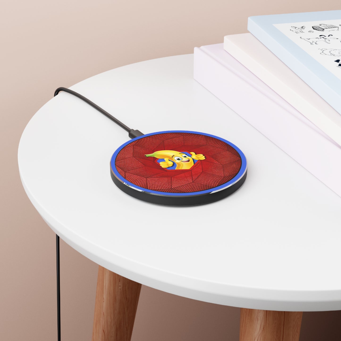 The Flow - Wireless Lumpy Donut Chargers - "This Wireless Power is Bananas" - red cube donut w/royal background - variant 3