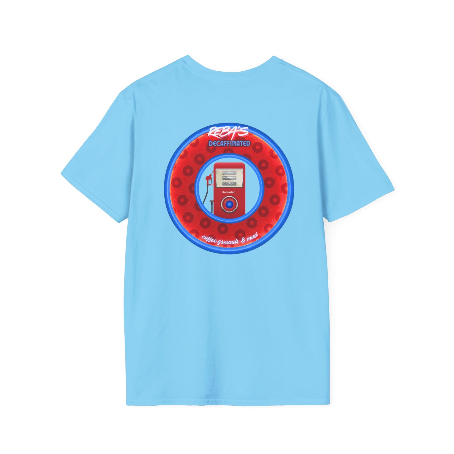 Coffee Traders Tee - Unisex Soft-Style - "Reba's Decaf: Coffee Grounds & Mud " - paradoxical donut - variant 2 - logo front/Reba back