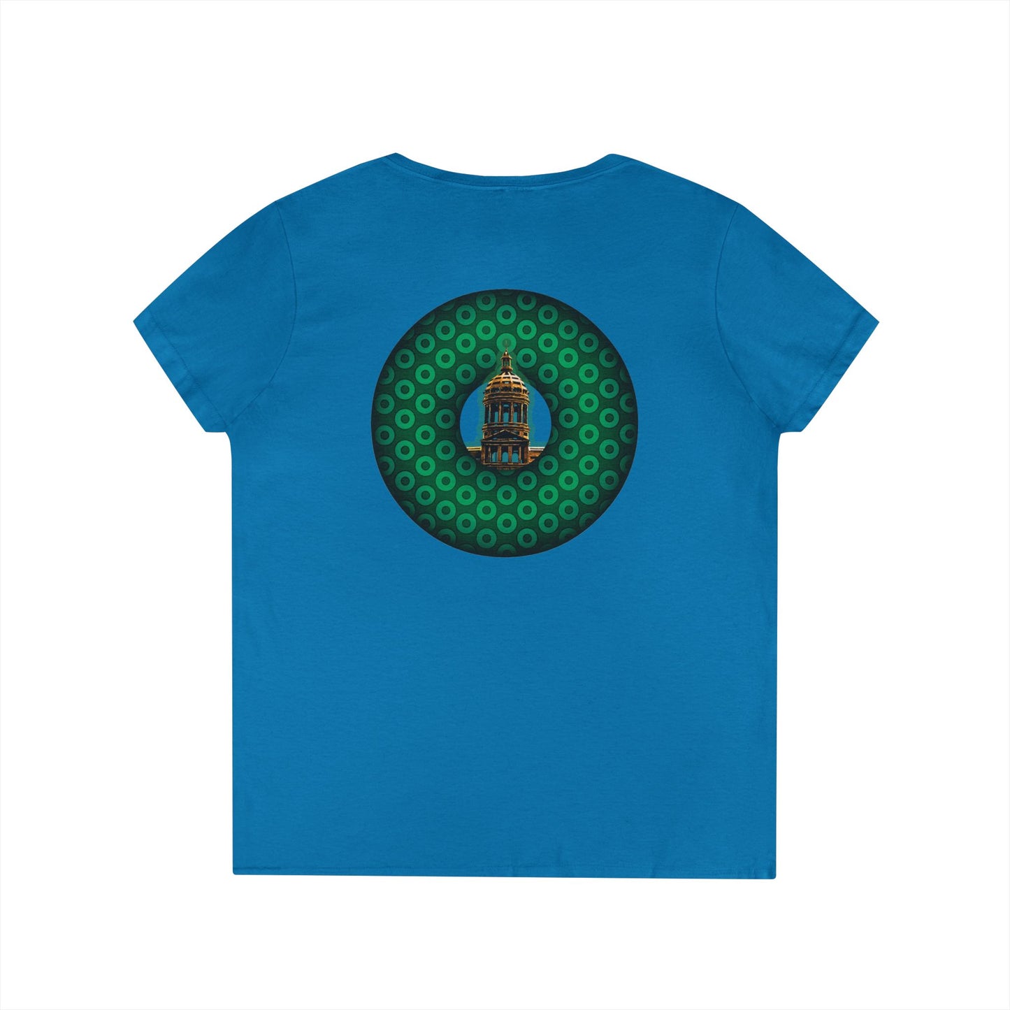 Women's Donut V-Neck Tee - "Save the Mondegreen City Hall Clock Tower" - variant 2 - green/green paradox donut w/