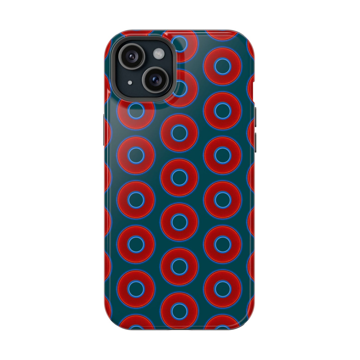Impact-Resistant Lumpy Donut Case - red vivid donut print w/midnight green background