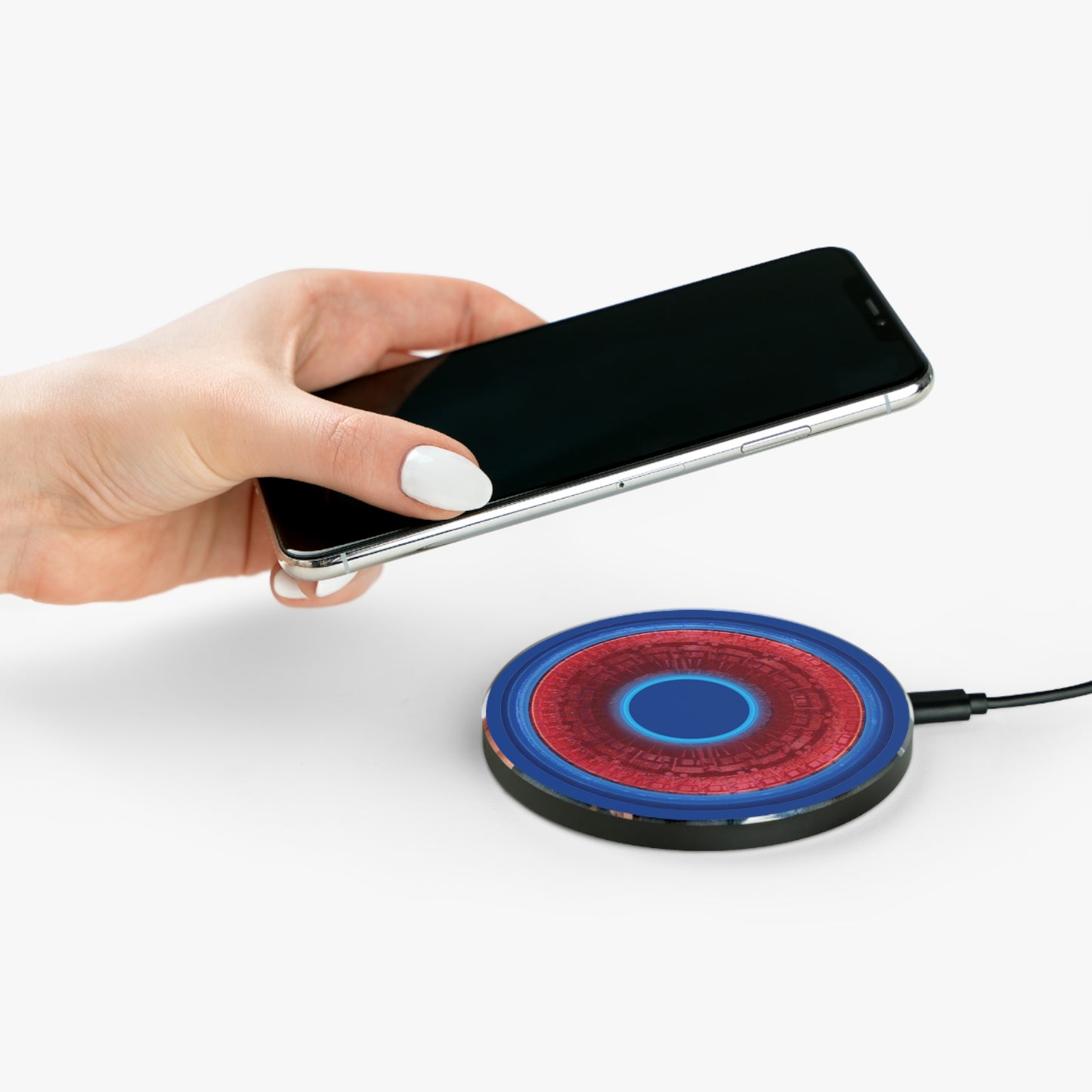 The Flow - Wireless Lumpy Donut Chargers - "Homer's Perfect Wireless Donut Charger" - vivid red/blue tube donut w/dark blue background - variant 3
