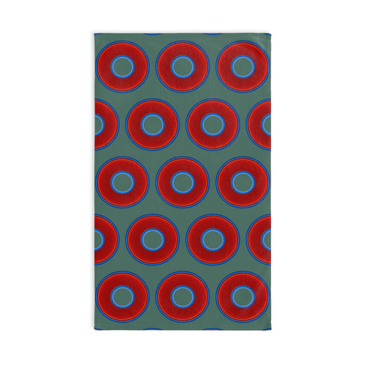 Lumpy Kitchen/Hand Towels - vivid red donuts w/Fenway green background