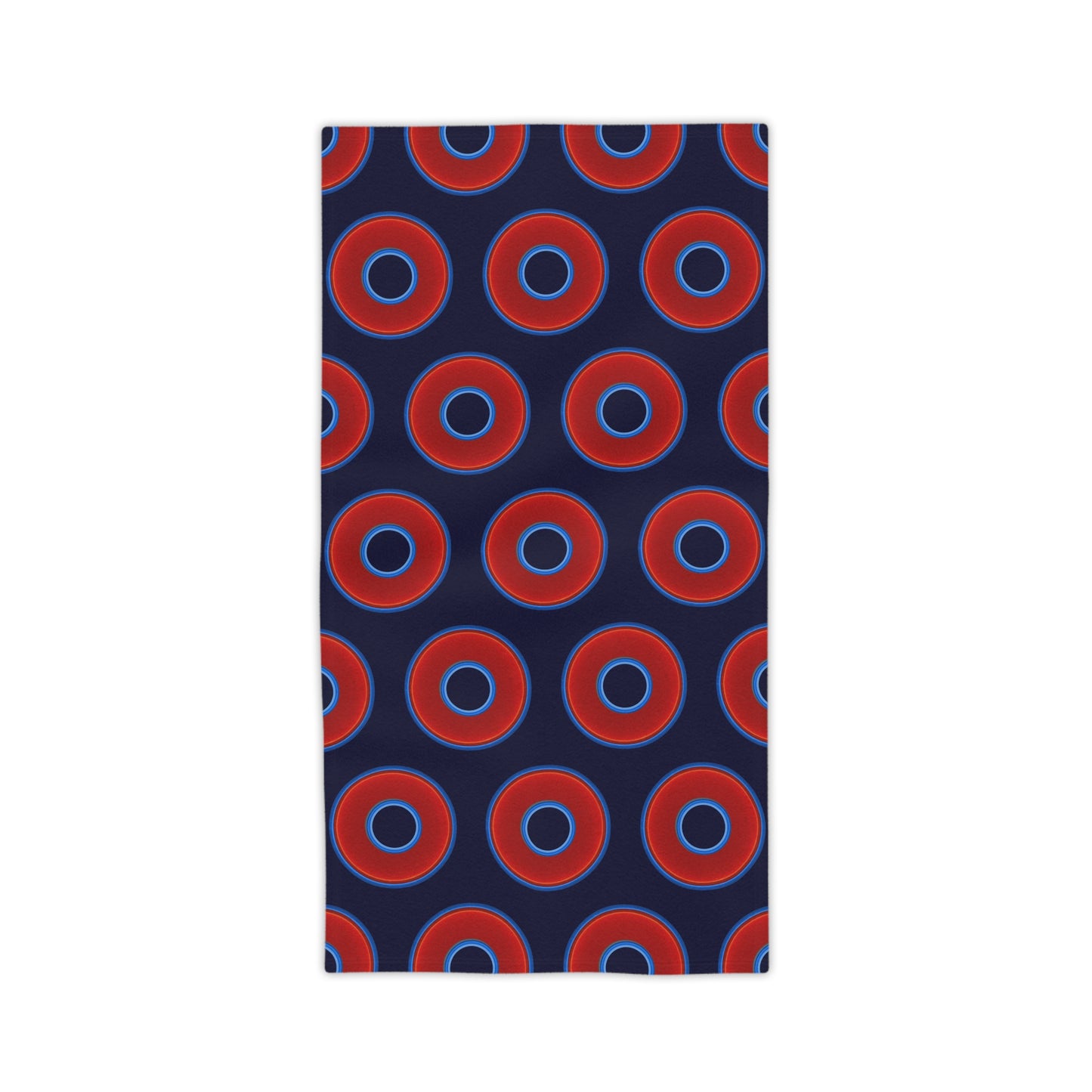Lumpy Donut Towels - vivid red donuts w/midnight blue background