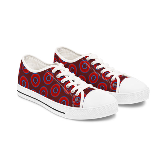 Women's - Low Top Chuck Taylors - large vivid red donut print w/dark red background