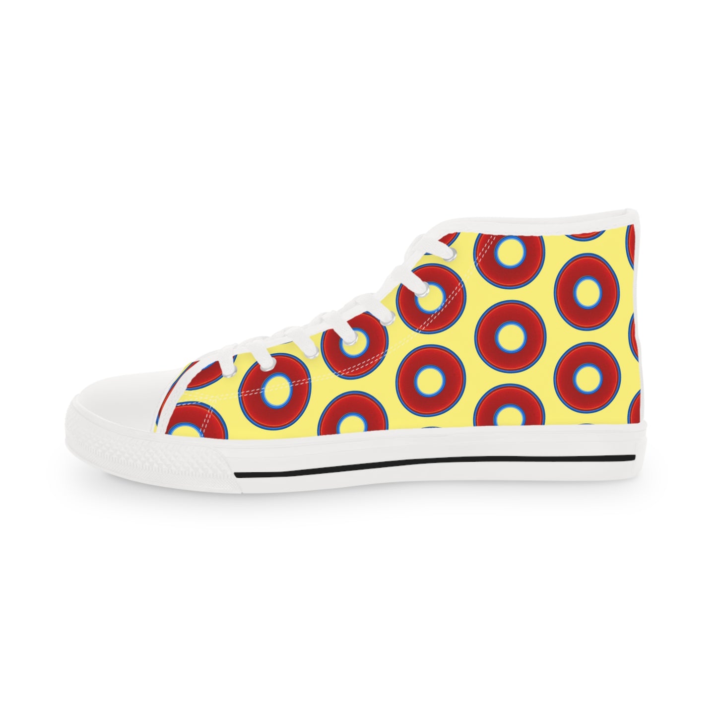 Men's High Top Chucks - large vivid red donut print w/yellow background