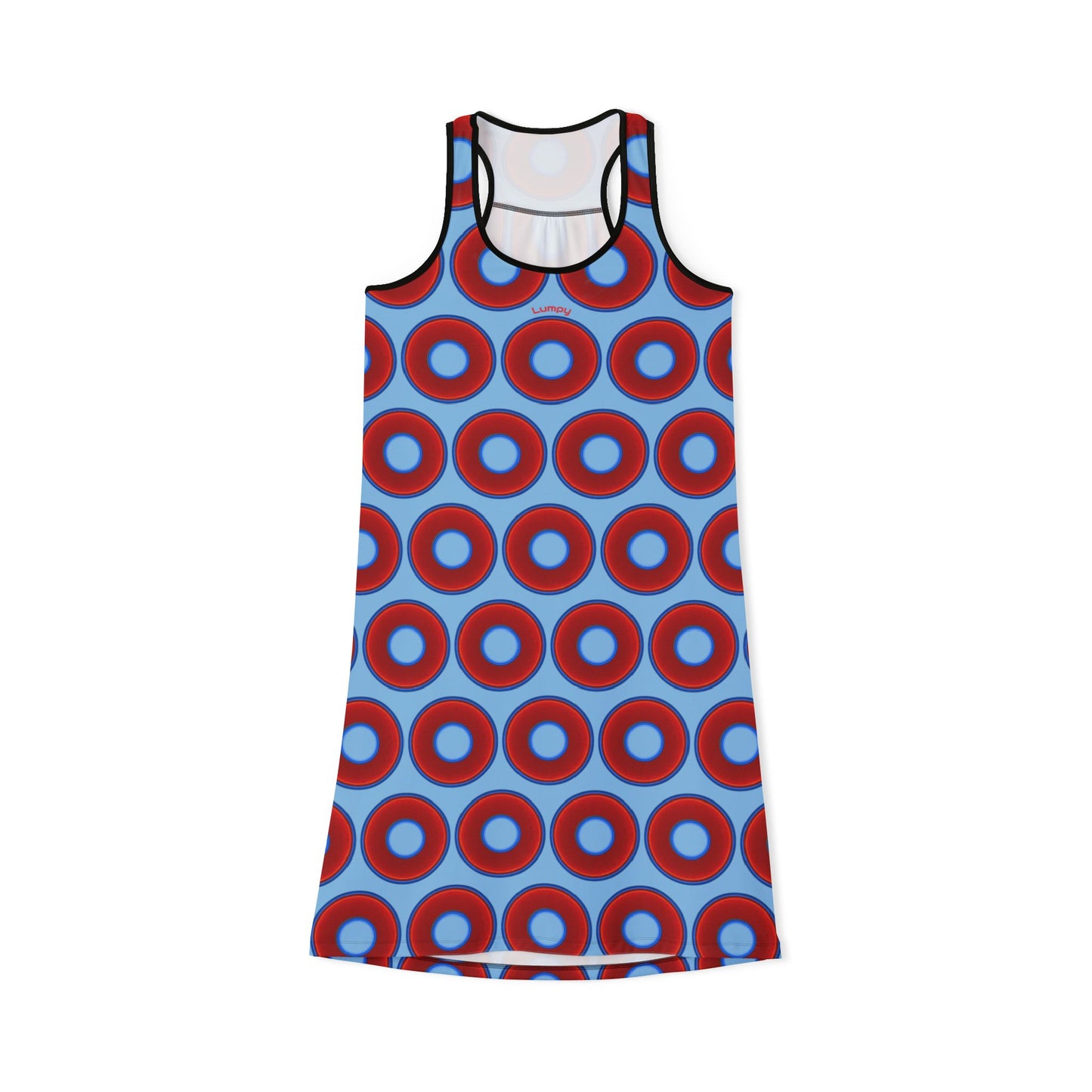 Tela's Lumpy Racerback Donut Dress - red vivid donut print w/sky blue background