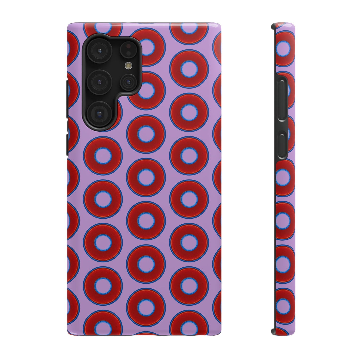 Impact-Resistant Lumpy Donut Case - red vivid donut print w/wisteria purple background