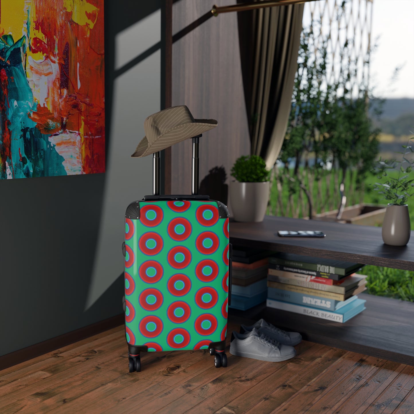 The Very Lumpy Donut Suitcase series - your choice of S, M or L - vivid red donut print w/jade green background