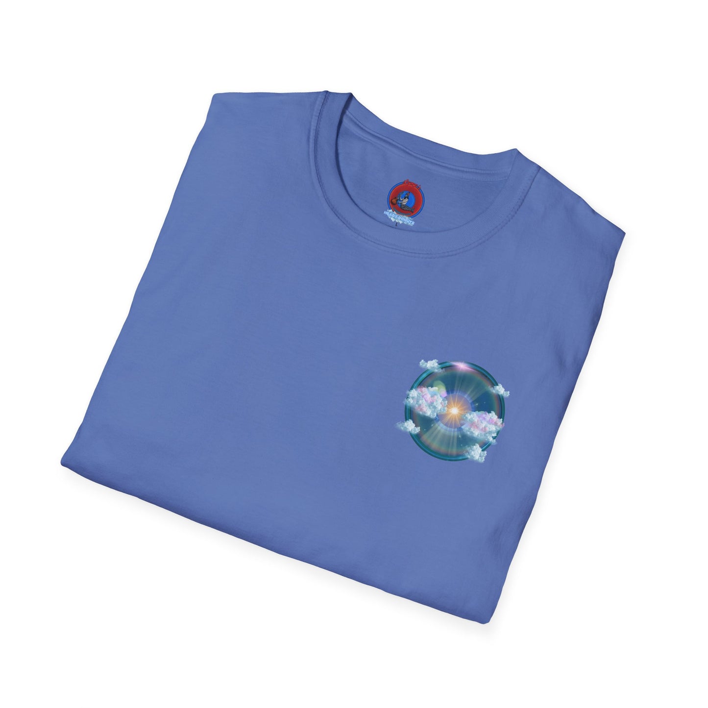 Classic Donut Tee - Unisex Soft-Style - "The Divided Donut" - variant 2 - blue donut  w/hole & sun [*50% to The Divided Sky Foundation]