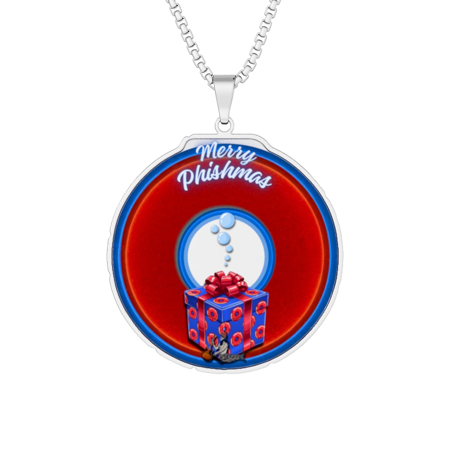 Lump's Heady Donut Necklace - 1" x 1" Stainless Steel Pendant - "Phishmas Caroler's Donut" - vivid red/blue donut - variant 2