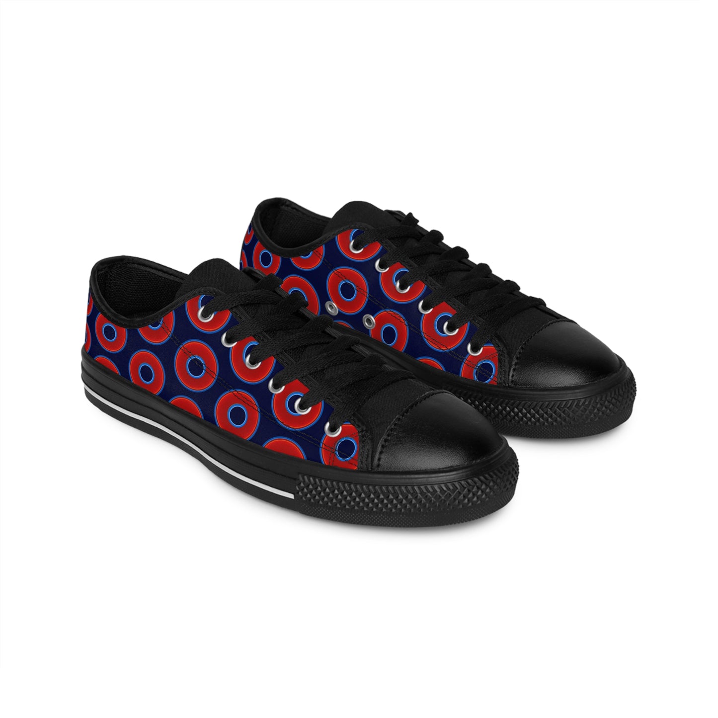 Women's Cushiony Convectors - Low Top - large red vivid donut print w/dark navy blue background